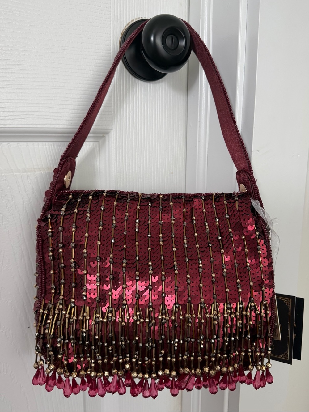 Sequined Burgundy Shoulder Bag with Beaded Fringe